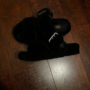 Black fuzzy UGG slippers